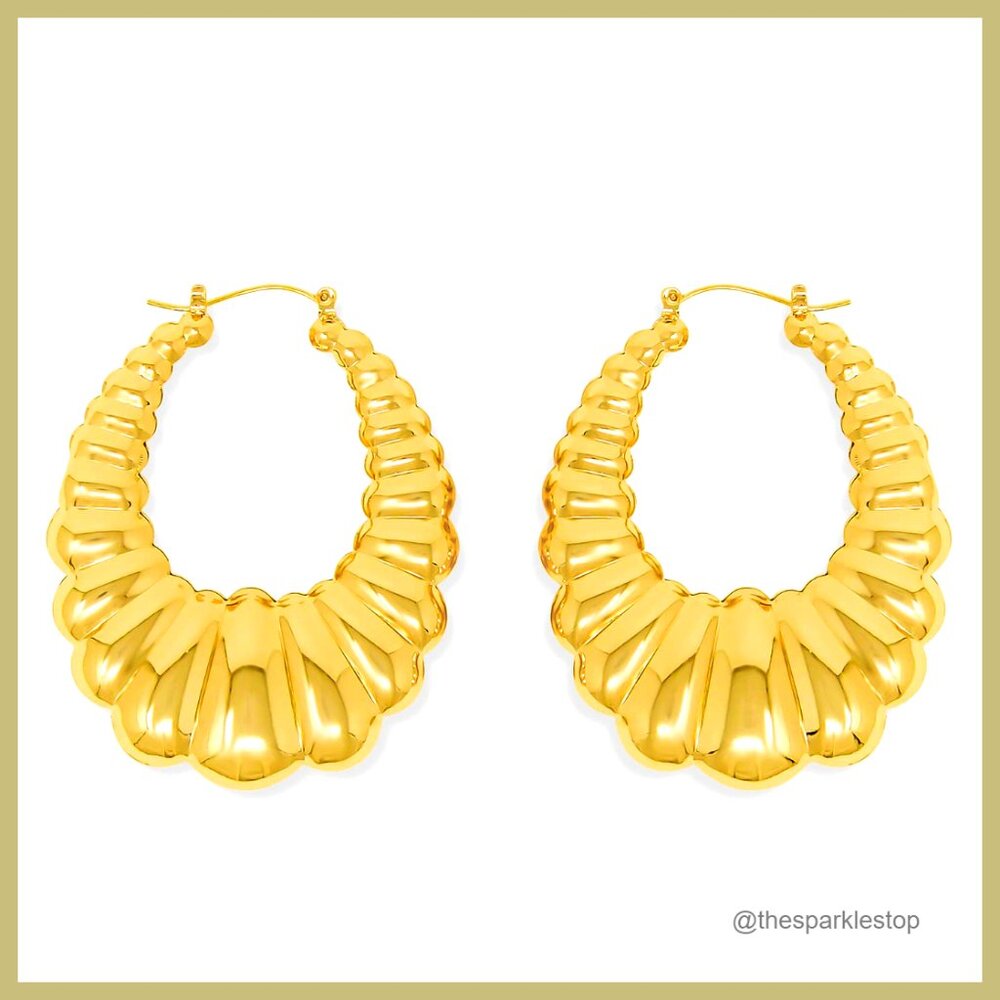 Gold Plated Hoop Earrings - 2 Inch Oval Shrimp Puffy Scalloped Door Knocker